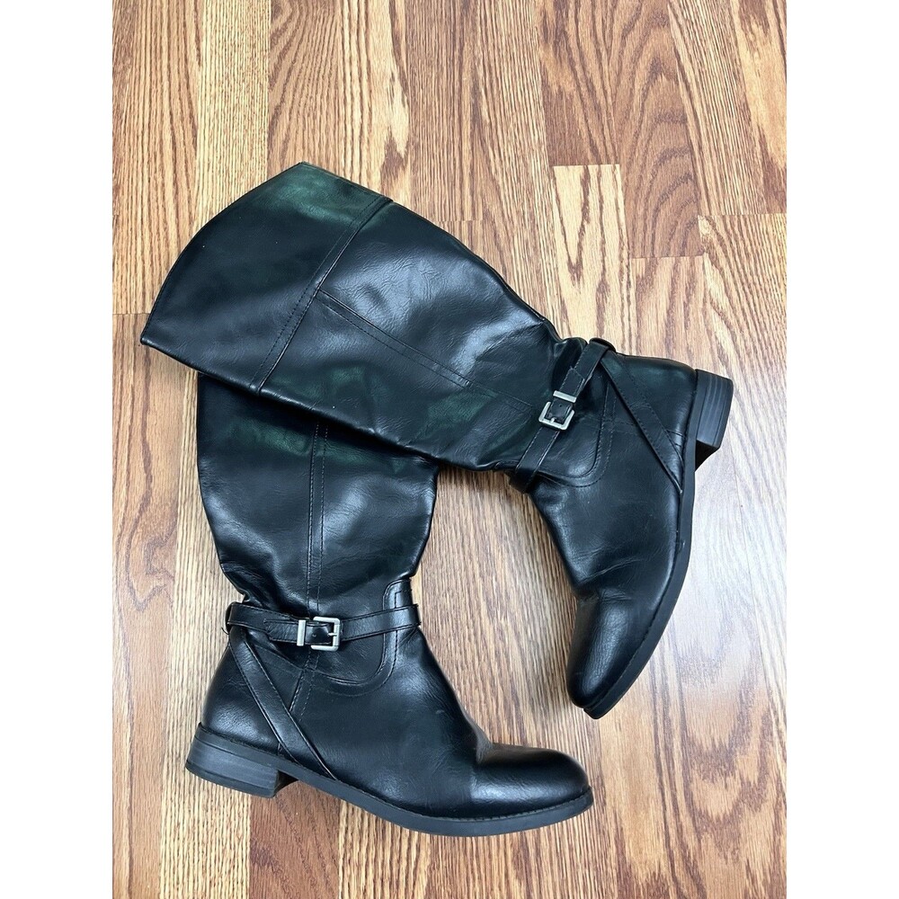 TOETOS Black Vegan Leather Riding Boots Wide Calf Buckle Zip Knee Size 9W